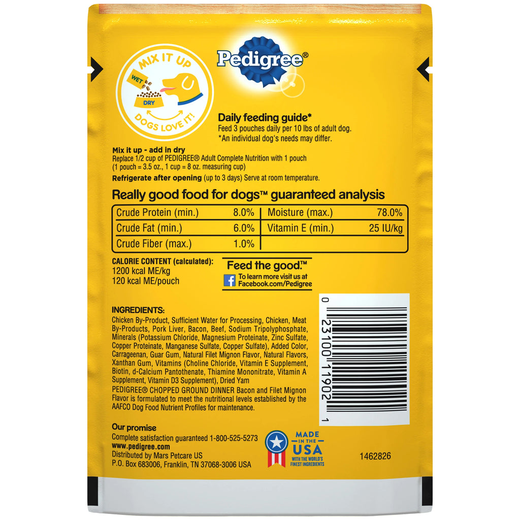(16 pack) Adult Soft Wet Dog Food Bacon and Filet Mignon Flavor, 3.5 oz Pouch L9836