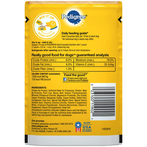 (16 pack) Adult Soft Wet Dog Food Bacon and Filet Mignon Flavor, 3.5 oz Pouch L9836